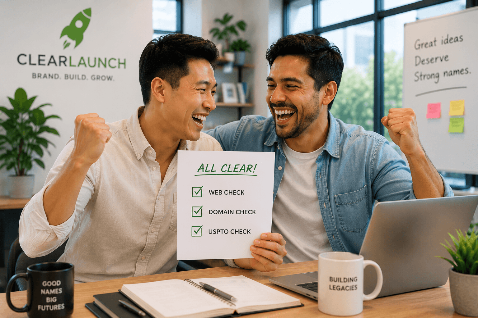 Founders celebrating a business name that's officially cleared